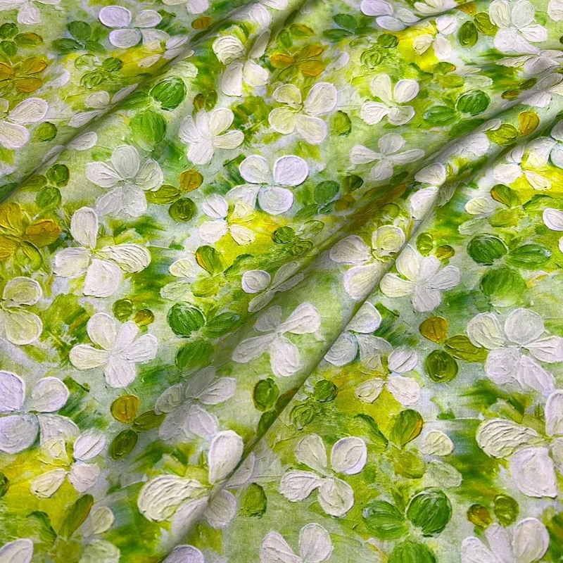 

145x50cm Green Oil Painting Clover Digital Printing 60s Poplin Cotton Fabric, Handmade DIY Skirt Sewing Cloth