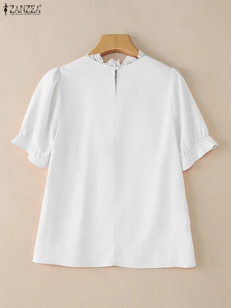 ZANZEA, элегантные офисные блузки с пышными рукавами, летняя блузка 2026, женская стильная кружевная лоскутная рубашка с короткими рукавами, повседневная однотонная рубашка