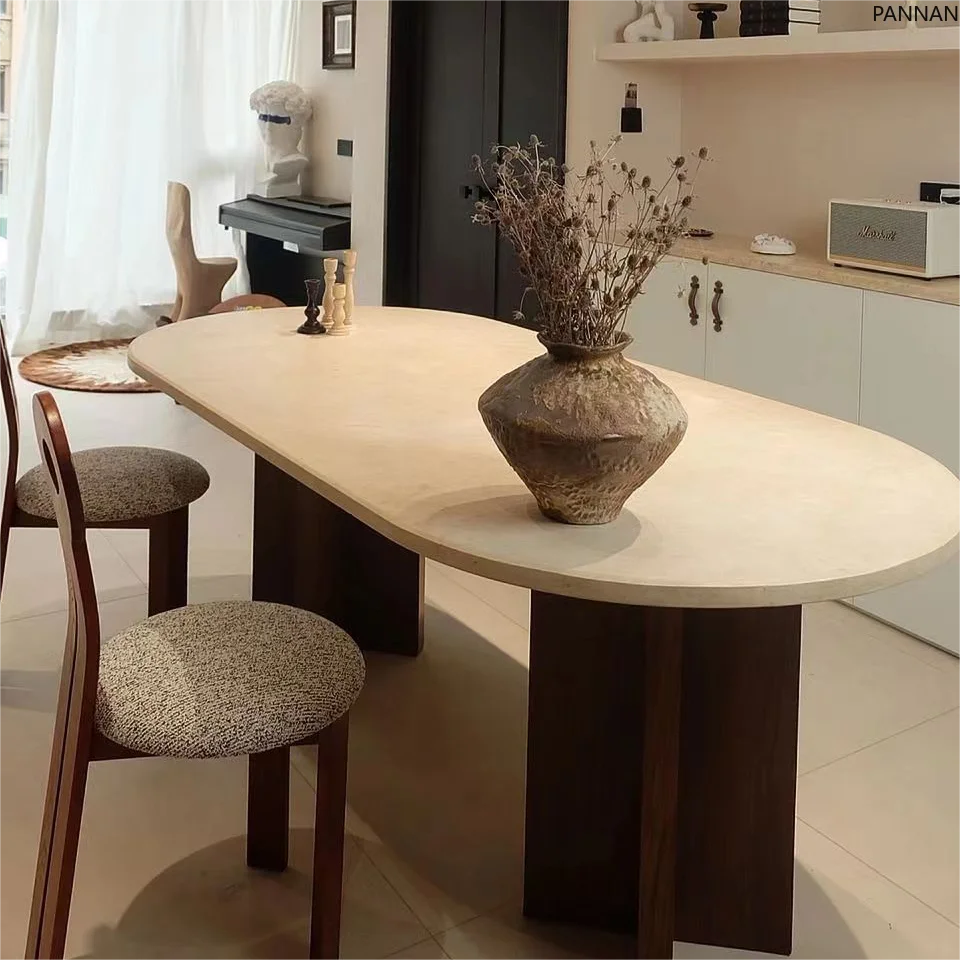 

Medieval oval marble dining table Nordic wabi style simple design restaurant solid wood dining table