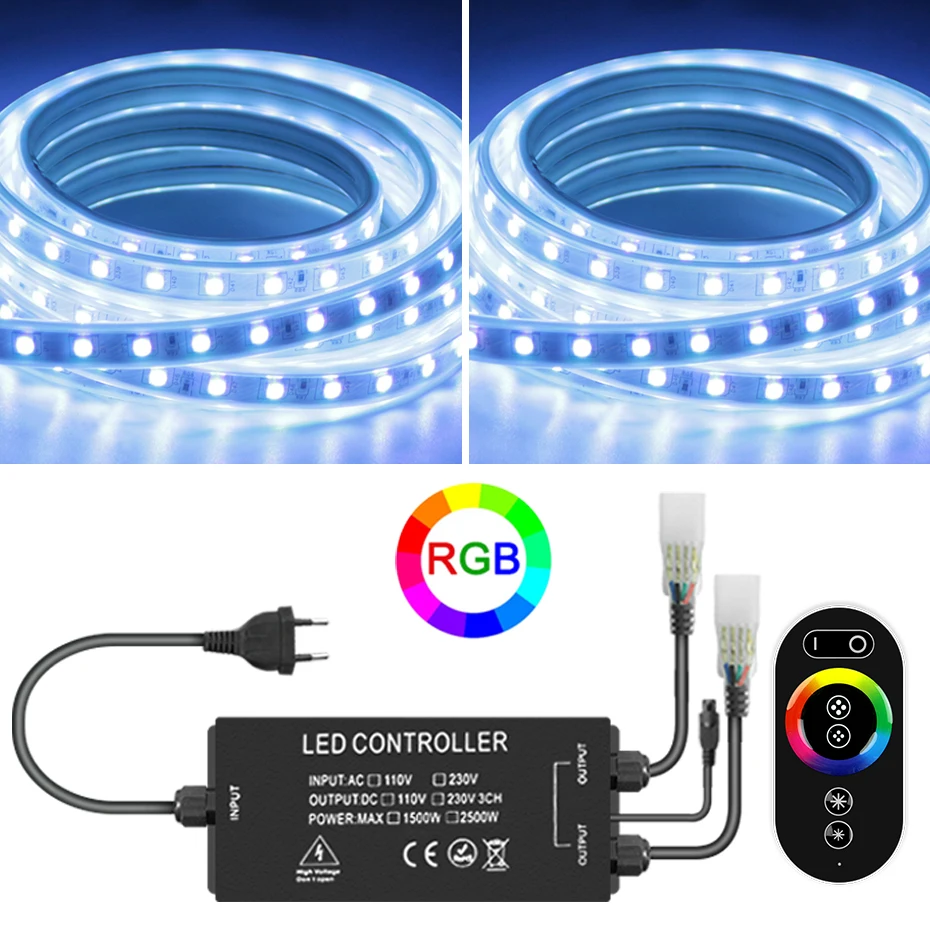 

220V LED Light Strip Remote Control SMD 5050 RGB Tape IP67 Waterproof Flexible Ribbon Dimmable For Outdoor Garden Decoration