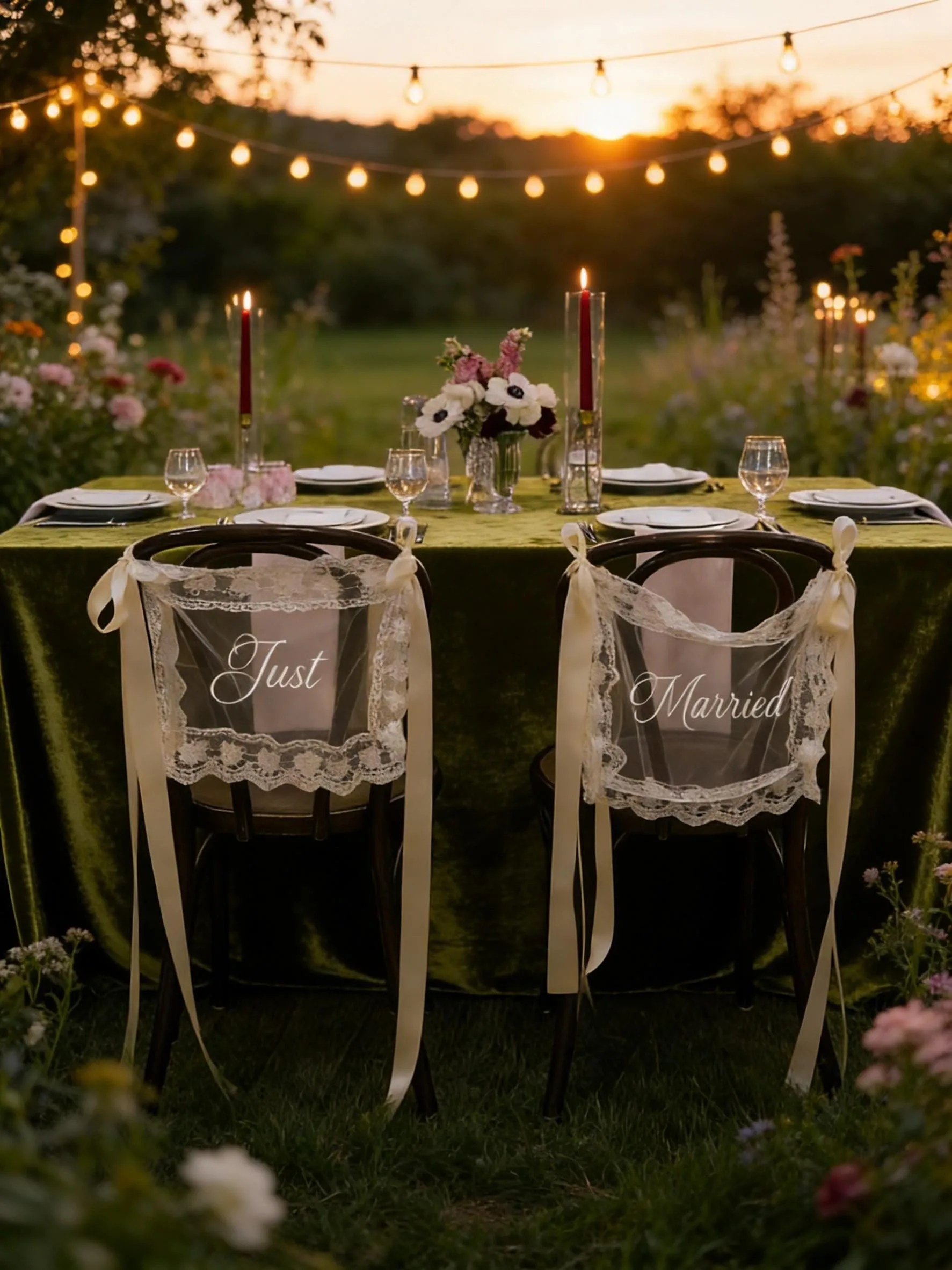 Personalized Lace Just Married Chair Sign for Bride & Groom Wedding Chair Decor Sheer Lace Signs Custom Wedding Chair Banners