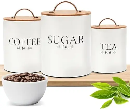 

Набор из 3 герметичных контейнеров D'Lifeful для чая, кофе и сахара - белые кухонные емкости для хранения на столешнице, сохраняющие свежесть