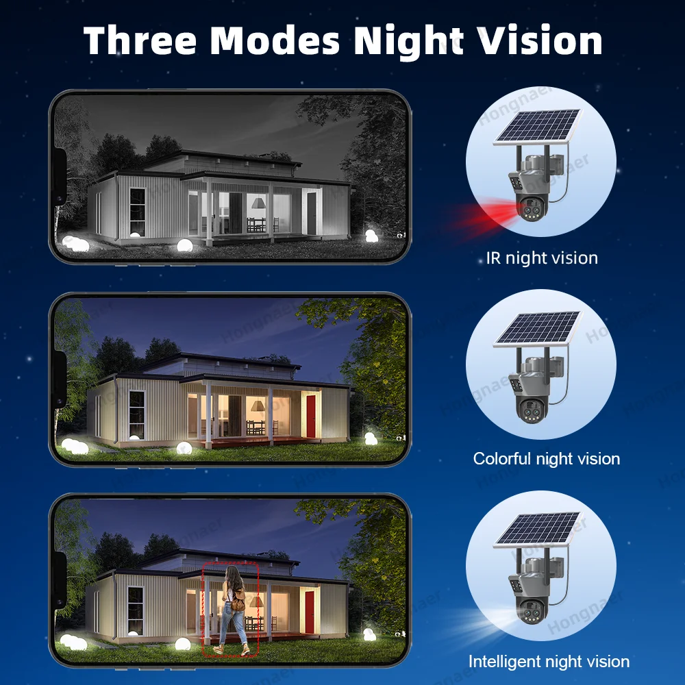 Hongnaer 12MP 6K 3 Lens 10X Zoom Wireless Solar Panel Powered IP PTZ V380 Pro Network Outdoor Security WiFi Solar CCTV Camera