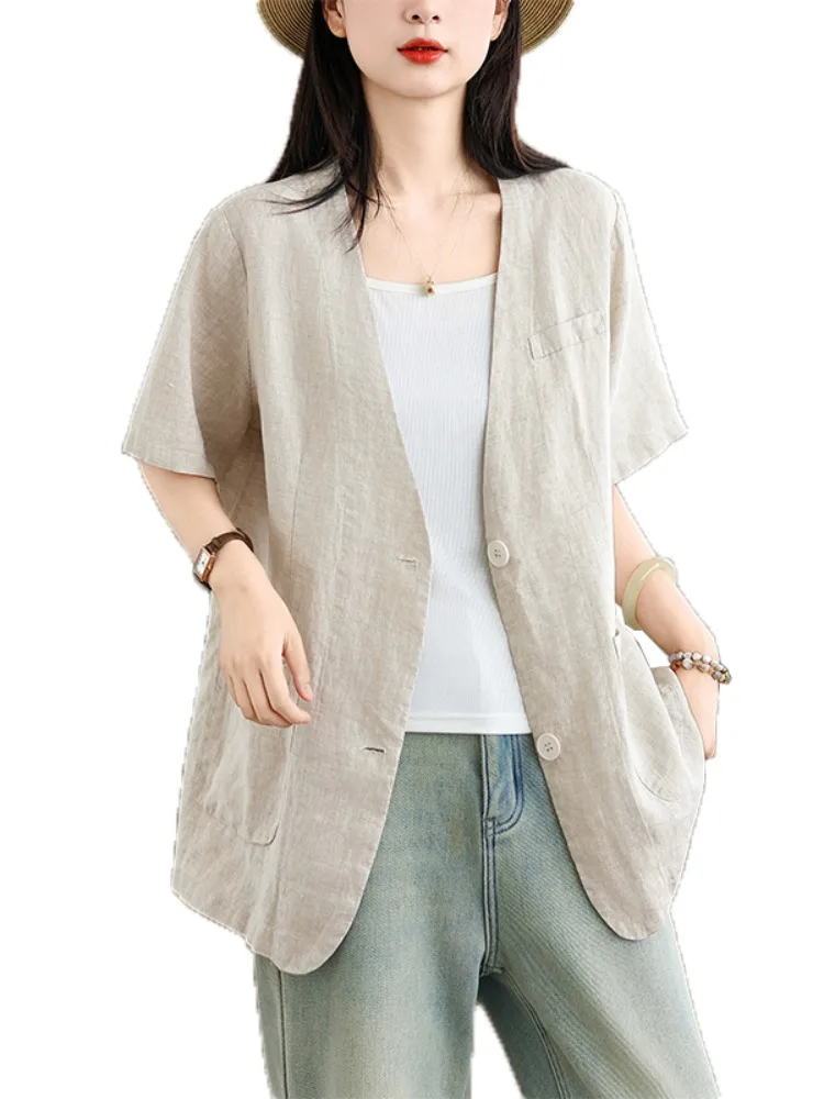 الرجعية القطن الكتان ort Sve دعوى Jaet المرأة الصيف رقيقة زر واحد سترة ملابس خارجية منتصف طول