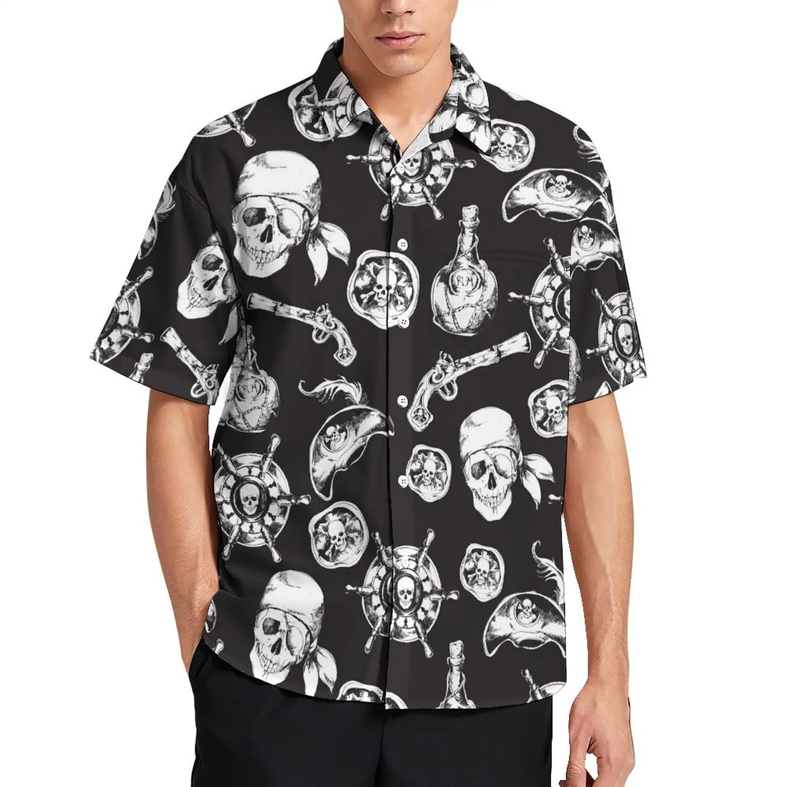 

Hawaiian Shirt Beach Cool Pirate Blouses Gun And Skull Print Vintage Casual Shirts Male Short Sleeve Y2K Funny Oversize Tops