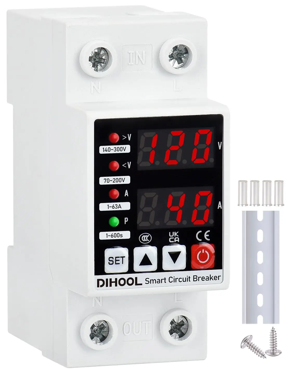 Premium 110V 220V Adjustable Voltage Protector, 1-63A Overcurrent Protection DIN Rail Circuit Breaker