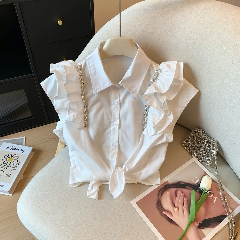 

Элегантная женская блузка с коротким рукавом, украшенная стразами, модный приталенный топ с рукавами-фонариками, с богатой вышивкой и утяжкой на талии