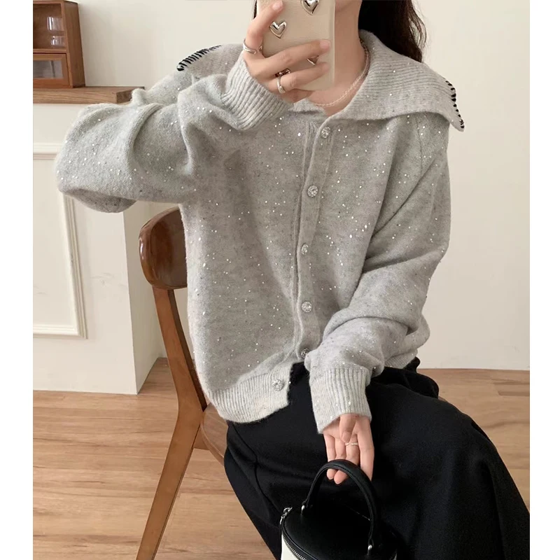 Spring&Autumn POLO Neck Knitted Shirt Color Point Sweater 2024 Long-Sleeved Cardigan Temperament Lapel Tops Coat