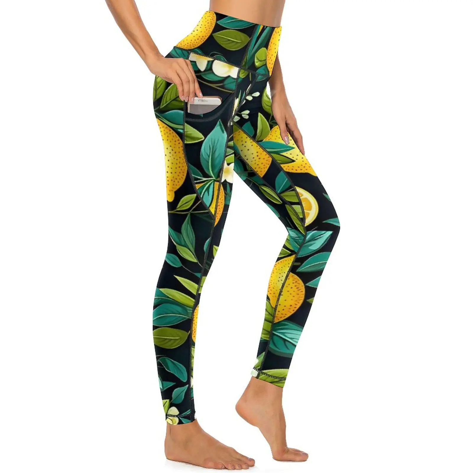 Fruit Print Yoga Pants Sexy Lemons And Tropical Leaves Leggings High Waist Workout Leggins Women Fashion Stretchy Sports Tights