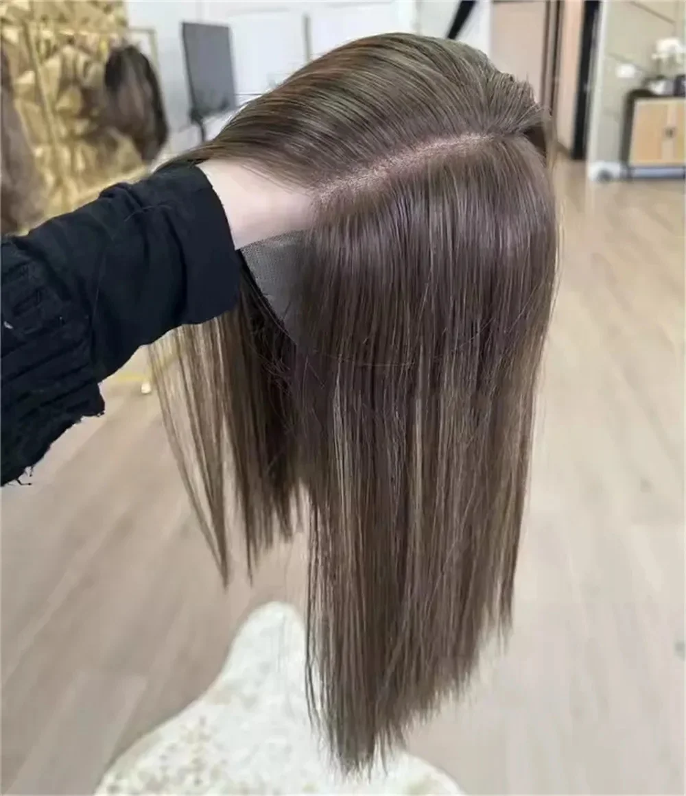 14 Inches Natural Straight Bob Ombre Chestnut Brown Highlights Synthetic Lace Top Wigs Trendy Heat Resistant Fiber Wig For Women