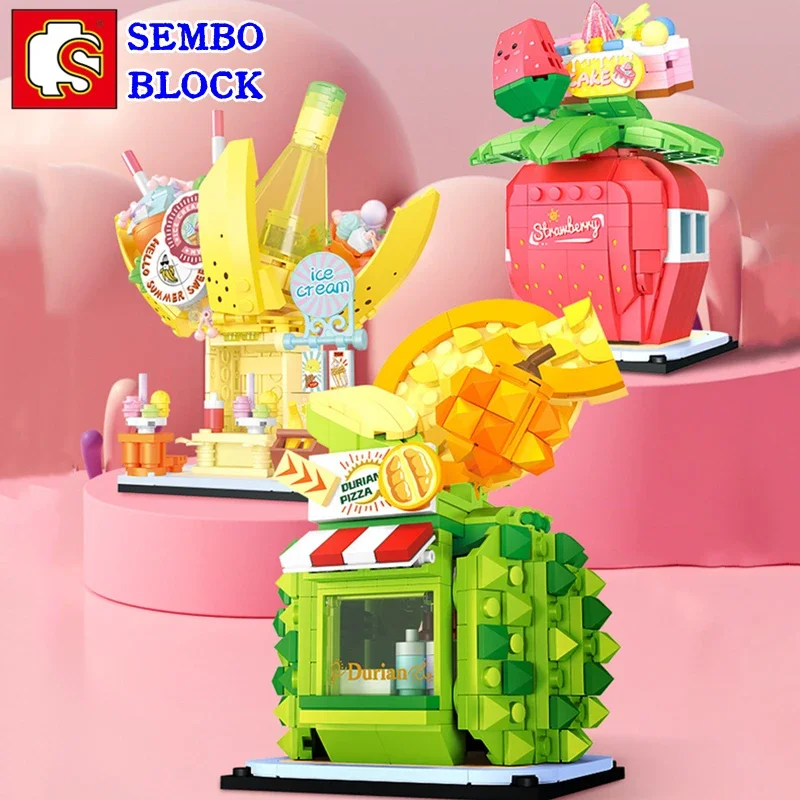 SEMBO ผลไม้ Street Scene Building Blocks สตรอเบอร์รี่ทุเรียนกล้วยประกอบของเล่นเด็กเครื่องประดับของขวัญวันเกิด