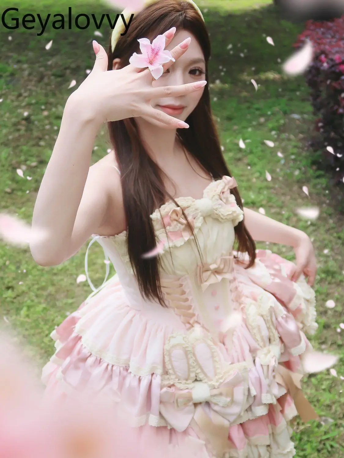 

Pink Gradual Change Lolita Lace Bow Princess Girl Dress Summer New Tube Top Off Shoulder High Waist Slimming Party Dresses