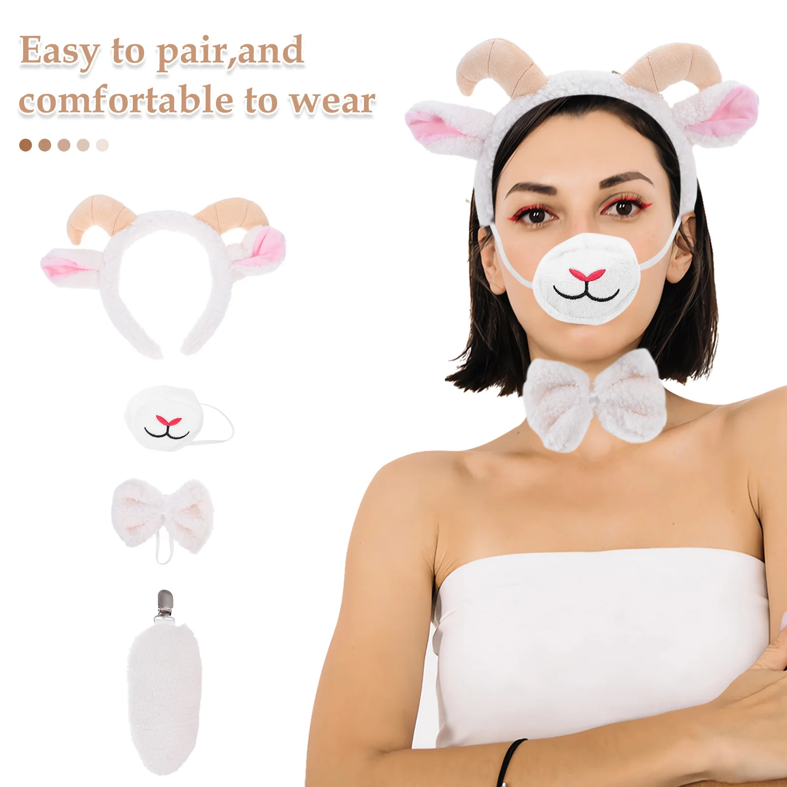 1 set 1 Set Costume Set White Goat Horns Headband Tail Bowtie Lamb Ears Cosplay Kit For Birthday Halloween Easter