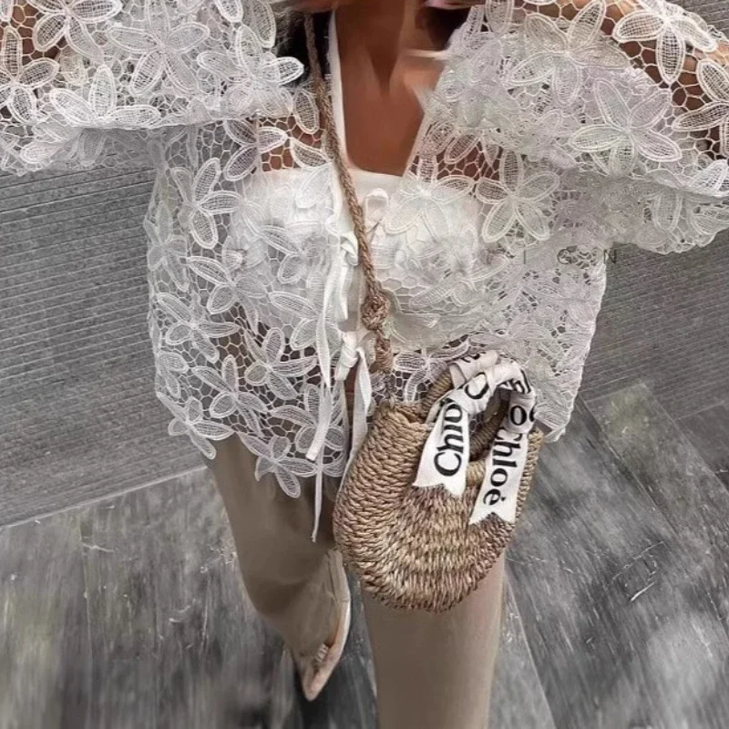 

2026 Summer Hot Fashion and Elegant Heavy Industry Lace Flower Hollow Embroidery Strapless Layered Coat for Women