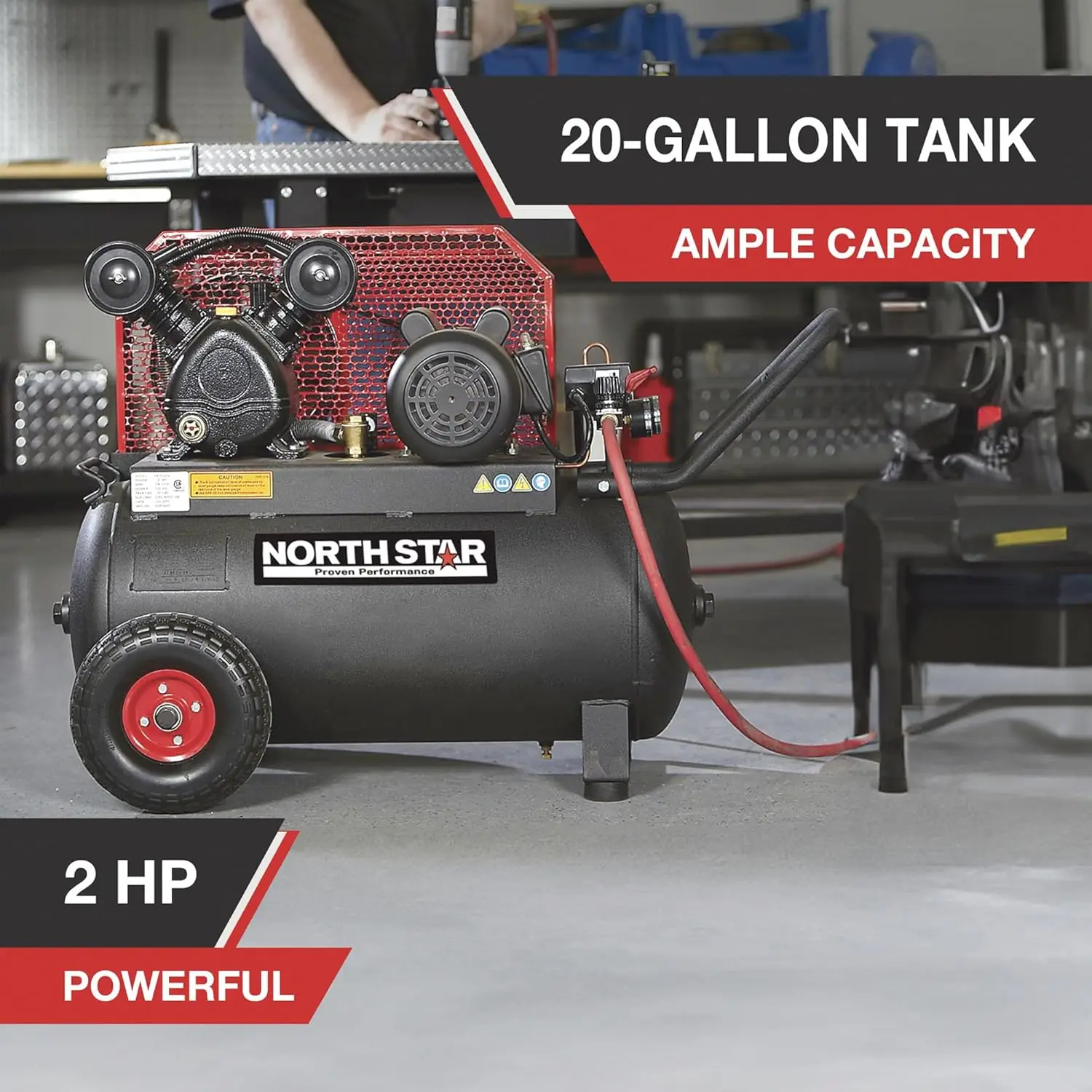 Single-Stage Portable Electric Air Compressor 2 HP 20-Gallon Horizontal 5.0 CFM Ball bearings on each side of crankshaft