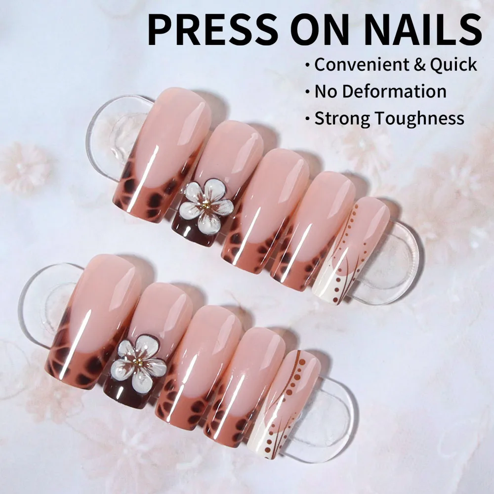 Eleve su estilo con 24 Uds. De uñas de gel tridimensionales 3D, hace uñas de flores con diseño de bola de acero pequeña, punta cuadrada francesa Pre