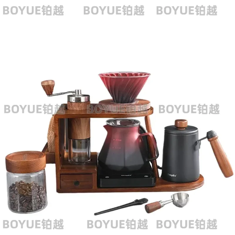 Manual Coffee Grinder Set with Pour Over Dripper and Storage Stand Hand Crank Brewing Kit for Home Barista Essentials