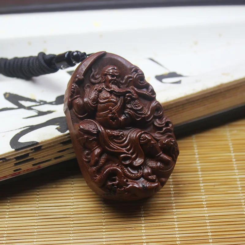 Chinese Style Thunder Struck Jujube Wood Hand Carved Guan Gong Cinnabar Pendant Lucky Blessing Wealth Attracting Fortune Protect