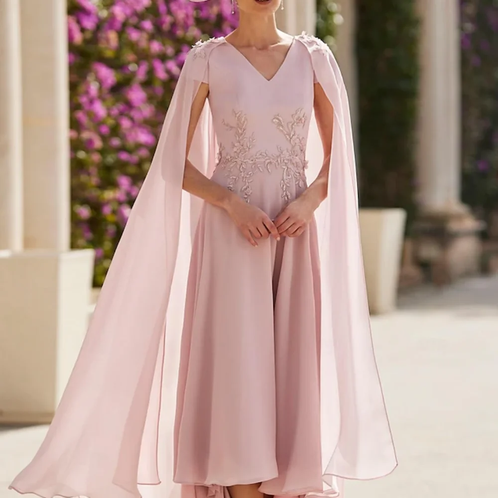 

Camellia Elegant Female Dress V Neck Chiffon A Line Wedding Party Dresses Applique Flow Mother of Bride Dresses Robe De Soirée
