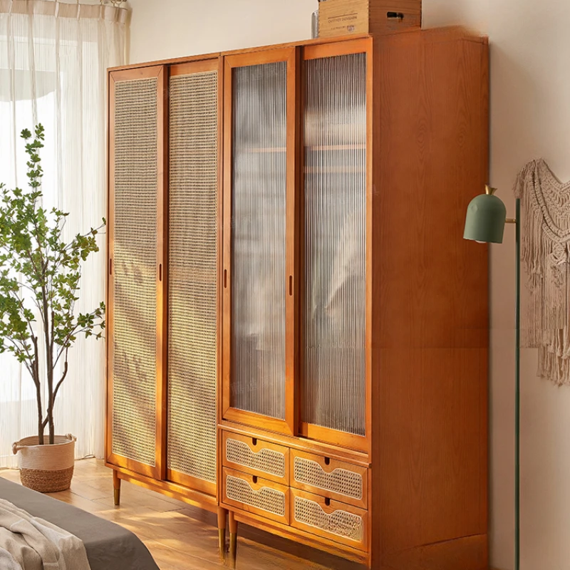 

Wardrobe, bedroom, home use, retro rattan woven solid wood glass sliding door, coat cabinet, wardrobe, floor storage