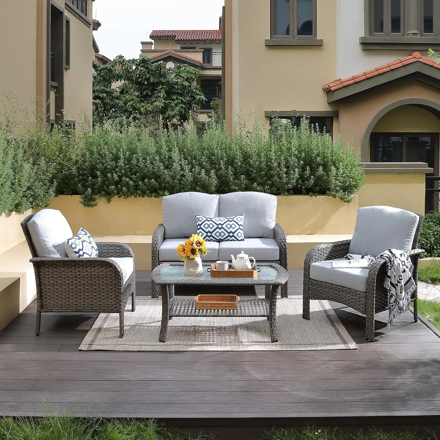 

4-Piece All-Weather Wicker Patio Set Rattan Loveseat Chair Table Cushions Metal Frame Gray Customized