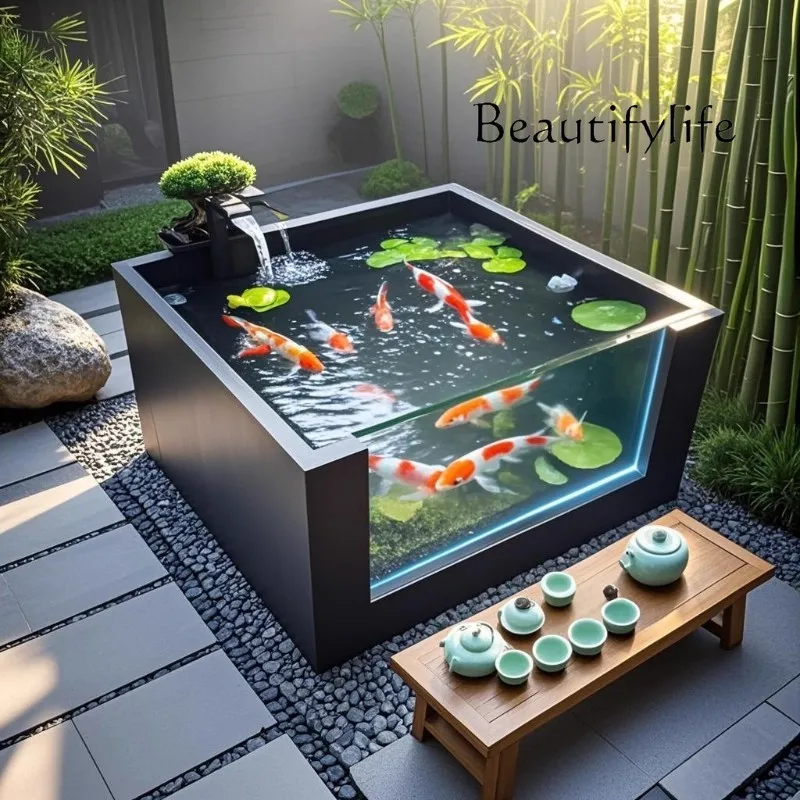 Patio familiar al aire libre, balcón, estanque de peces, suelo koi, tanque de tortuga integrado cuadrado, personalización de fregadero de visualización de paisajismo