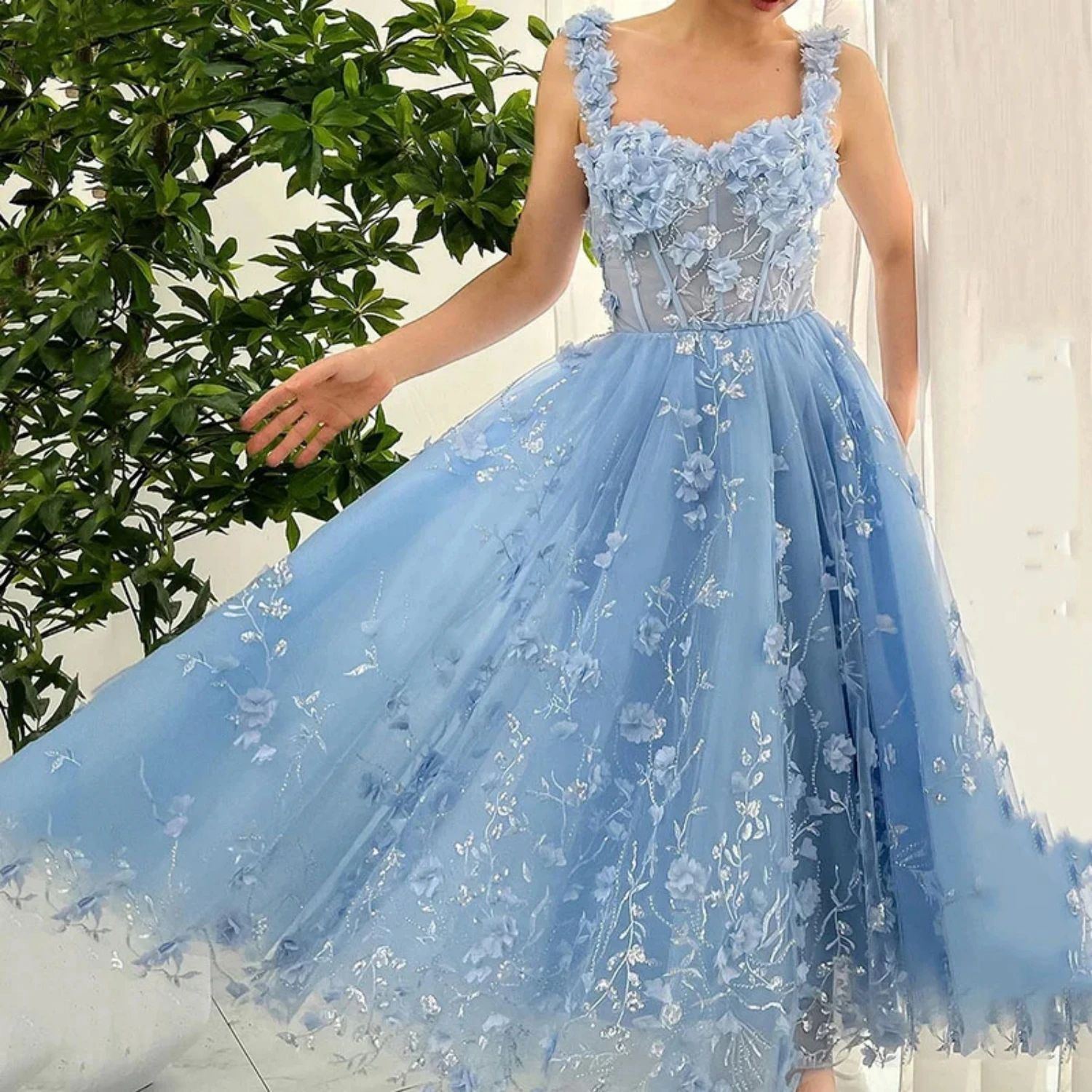 Lucy Coming of Age Dress Sky Blue Line A 3D Flowers Mesh Graduation Gown Birthday Party Quinceanera Dresses Ball Gowns Prom