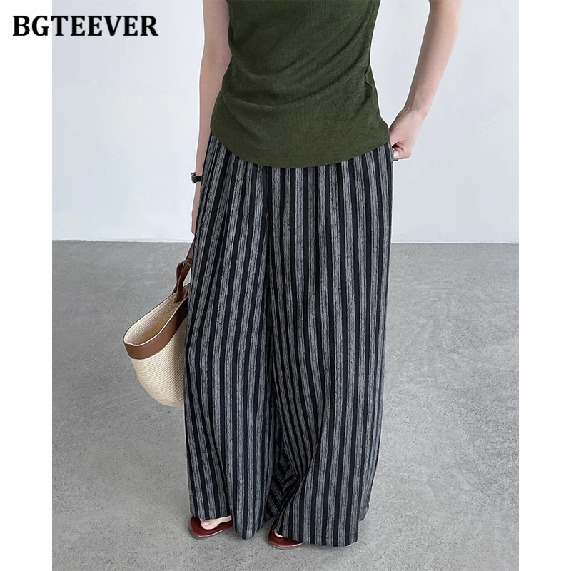 BGTEEVER Women's Linen Striped Casual Pants, New Summer Wide-leg Trousers