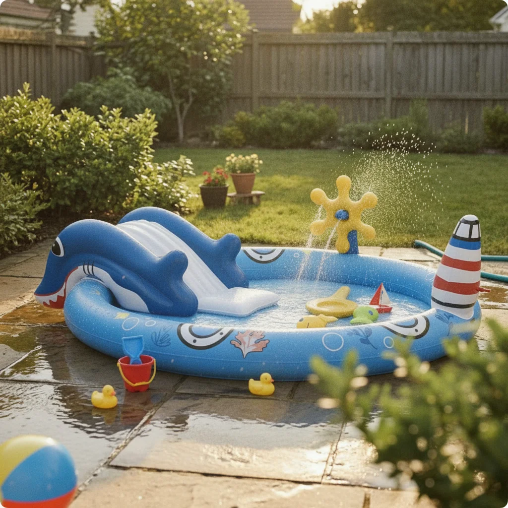 子供用プール-スライド付き-厚手pvc-オーシャンテーマ-インフレータブル-スプラッシュプール-灯台型-滝柱付き-芝生遊び場用