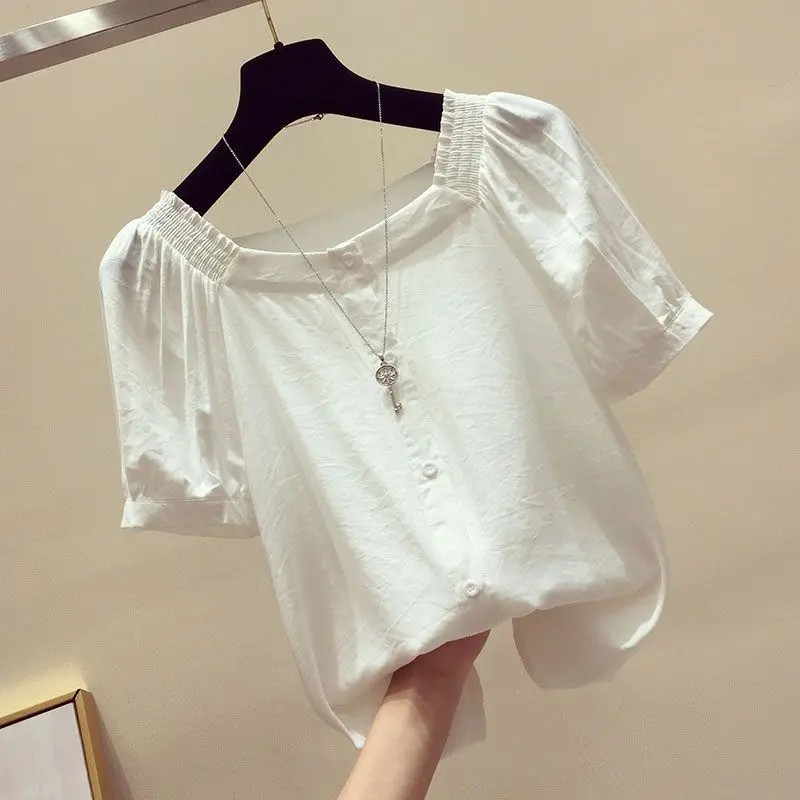 2021 Summer New Women's Style Versatile High End Chiffon Shirt One Shoulder Open Collarbone Short Top Trendy