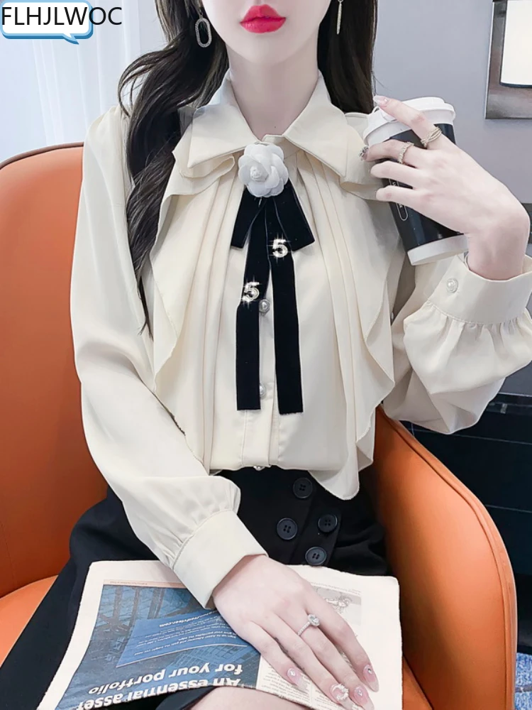 

Ruffles Tops Blusas Fashion New Design 2022 Flhjlwoc Fall Flare Sleeve Princess Romantic Style Button Bow Tie Ribbon Shirts 2265