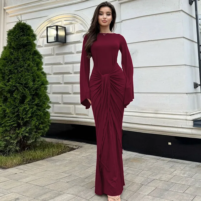 Blifanbo Herbst Elegante Geraffte Maxi Kleid Für Frauen Lace-up Langarm O Neck Bodycon Langes Kleid Schlank Neue fashion Solid Vestido