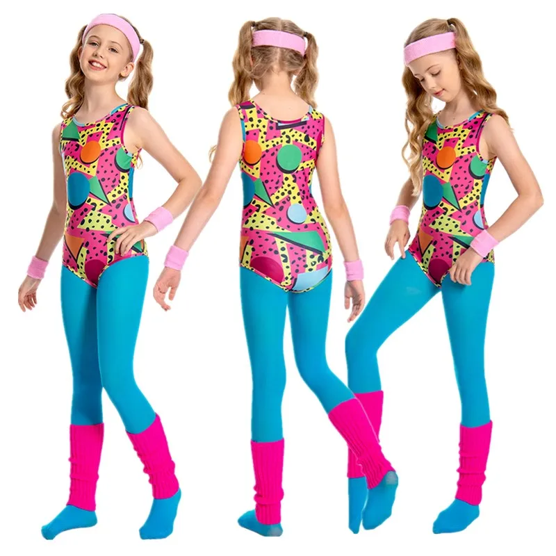 Çocuklar Retro 70'ler 80'ler Egzersiz Hippi Disko Cosplay Spor Kız Tulumlar Spor Giyim Kafa Bandı Kıyafetler Cadılar Bayramı Karnaval Takım Elbise