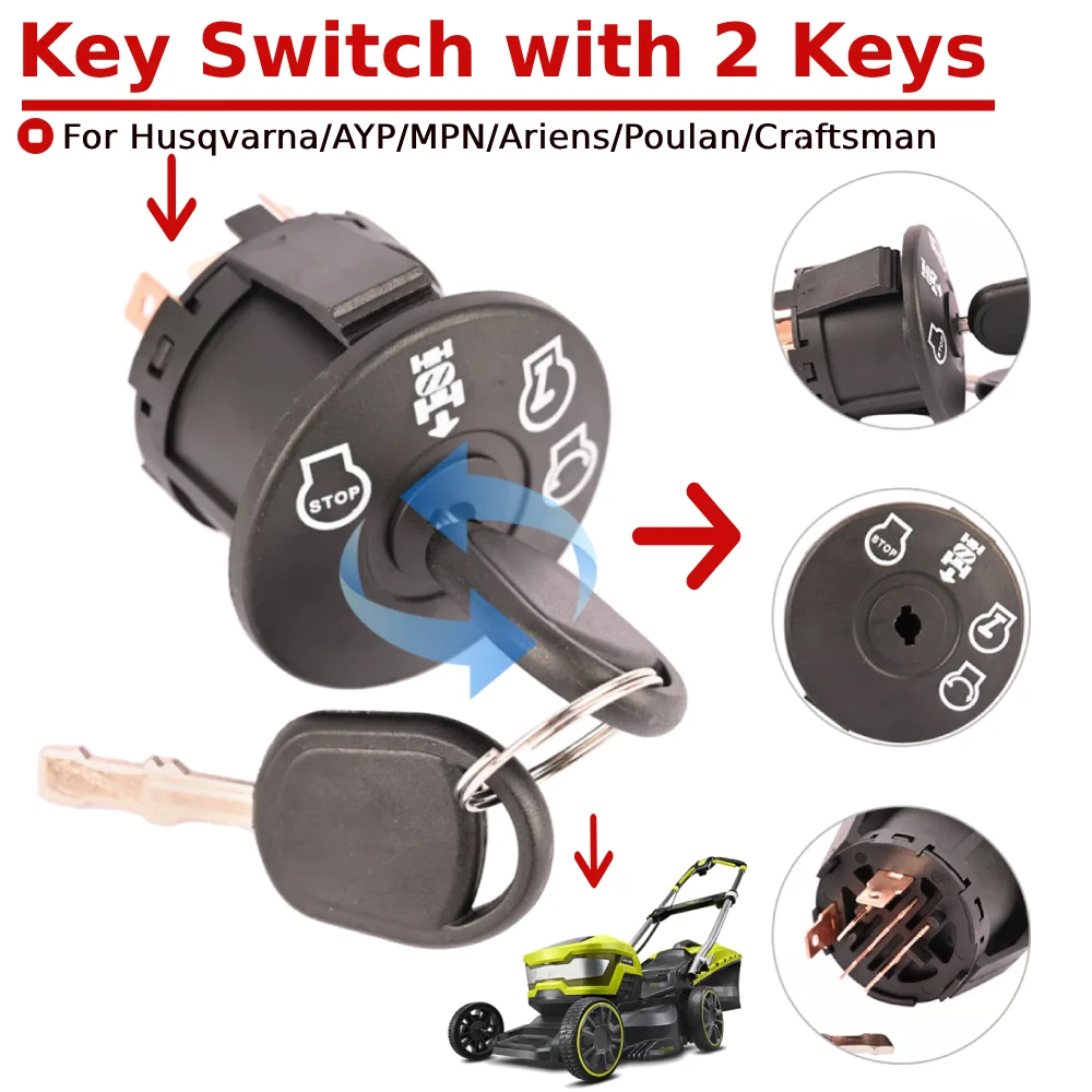 Key Switch with 2 Keys  Lawn Mower Starter Ignition Switch Ignition Key Switch Replacement for Husqvarna/AYP/MPN/Ariens/Poulan