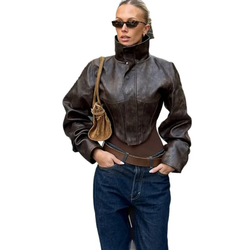 Autumn and Winter New Slim Thin High Neck Solid Color Zipper Fish Bone Short Pu Leather Jacket Women's Exquisite Simple Casual