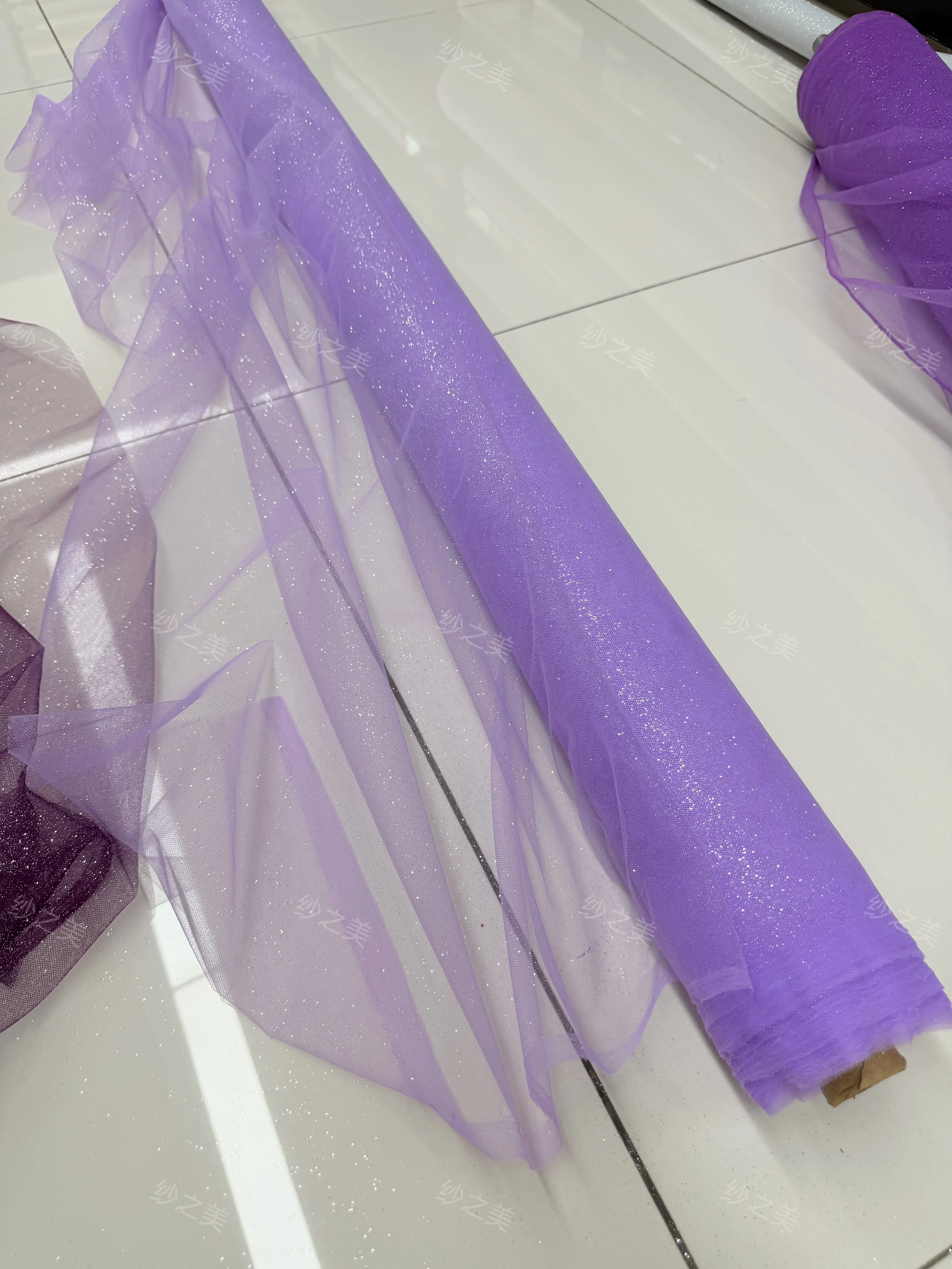 Purple Fine Glitter Medium Hard Shiny Transparent Puff Mesh Background Layout Draping Fabric for Wedding Dress Fabric