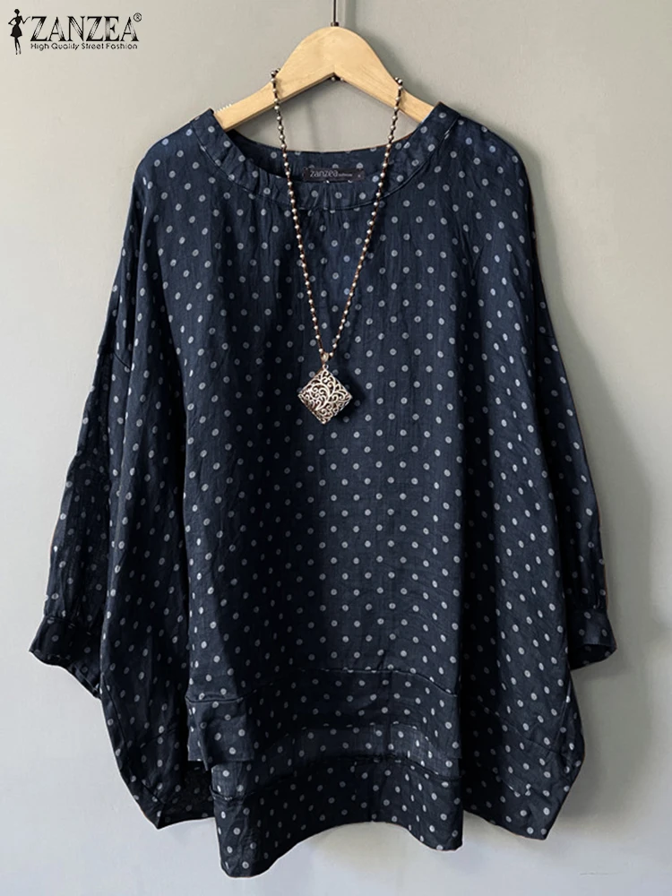 2024 ZANZEA Casual Women\'s Blouse Vintage Polka Dot Printed Tops Loose Holiday Blusas Autumn Long Sleeve Asymmetrical Hem Shirt