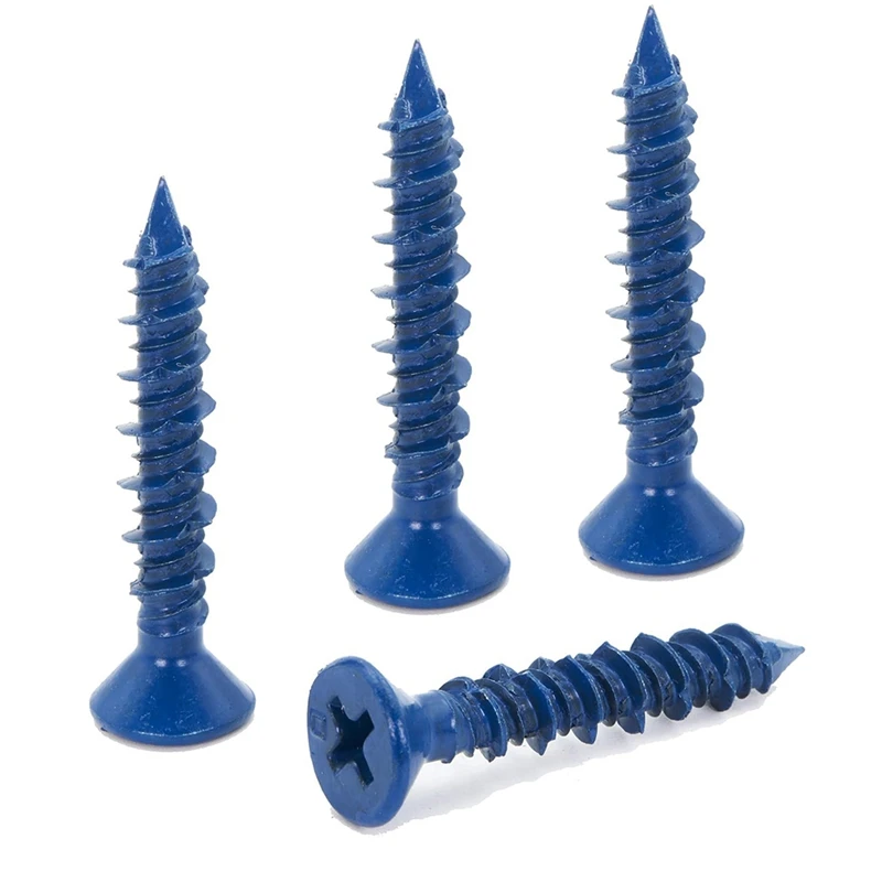 100PCS 3/16 X 1-1/4In Blue Flat Phillips Concrete Diamond Point Screw Anchor Kit For Anchoring To Masonry Kit