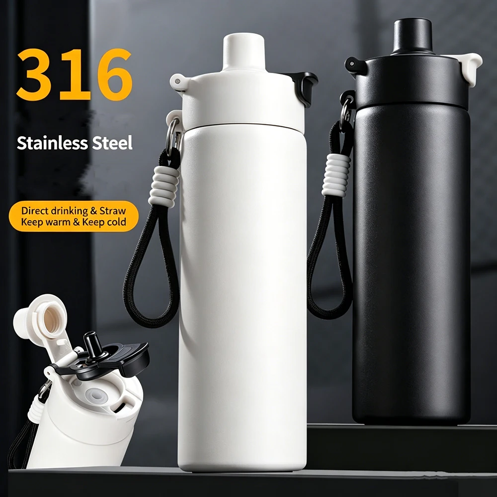 

Large Capacity Outdoor Sports Fitness Water Cup 316 Stainless Steel Insulated Cup With Lifting Rope Double Drinking Straw Cup