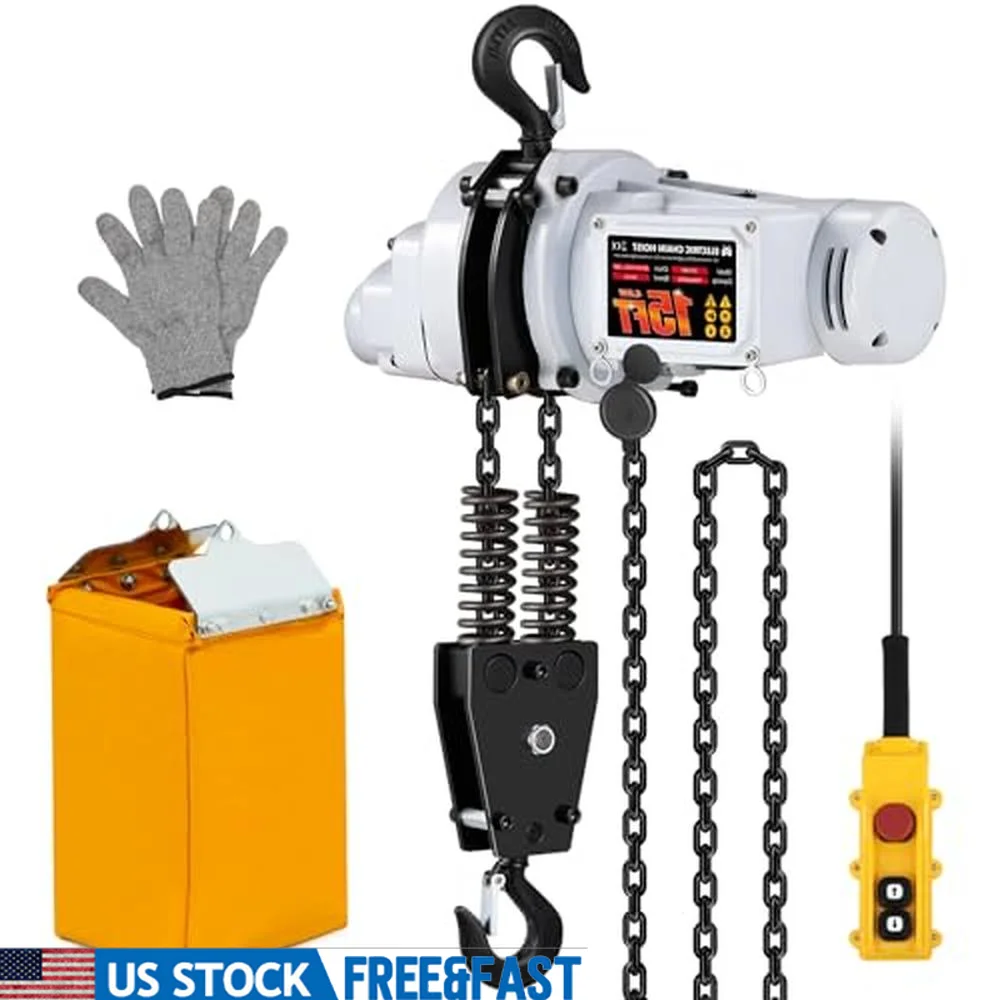 Electric Chain Hoist 2200lb 1 Ton G80 Double Chain 15ft Lifting Height Crane Hoist with Control Cord Heavy-Duty Industrial Power