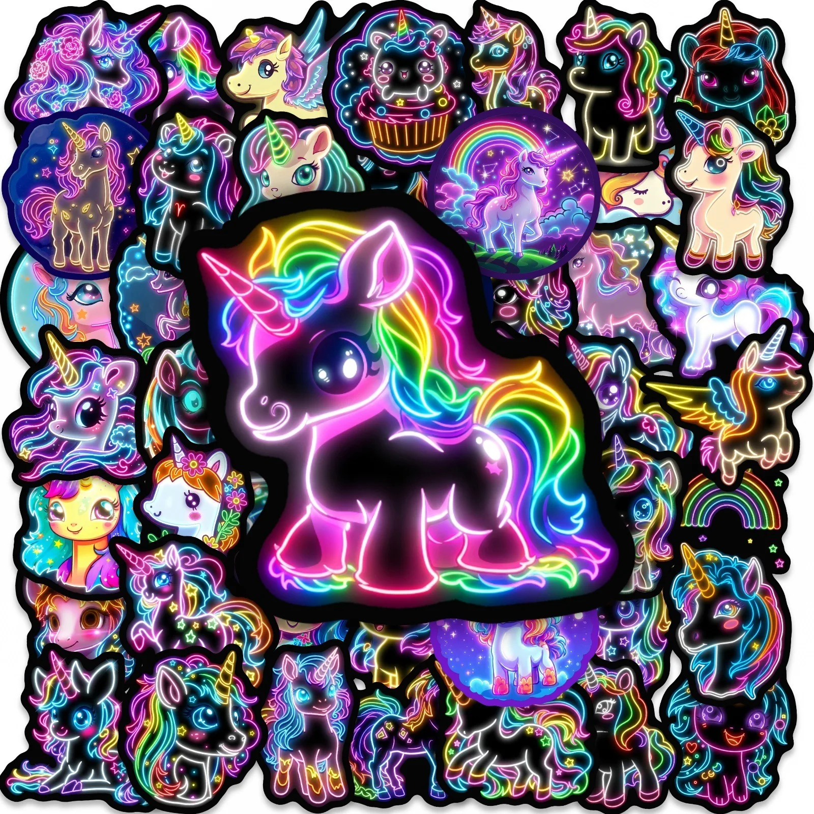 50/100 Stück Neon-Regenbogen-Pferde-HD-Aufkleber, wasserfest, selbstklebend, für Koffer, Notizbuch, Telefon, Helm, Skateboard, Scrapbook-Aufkleber