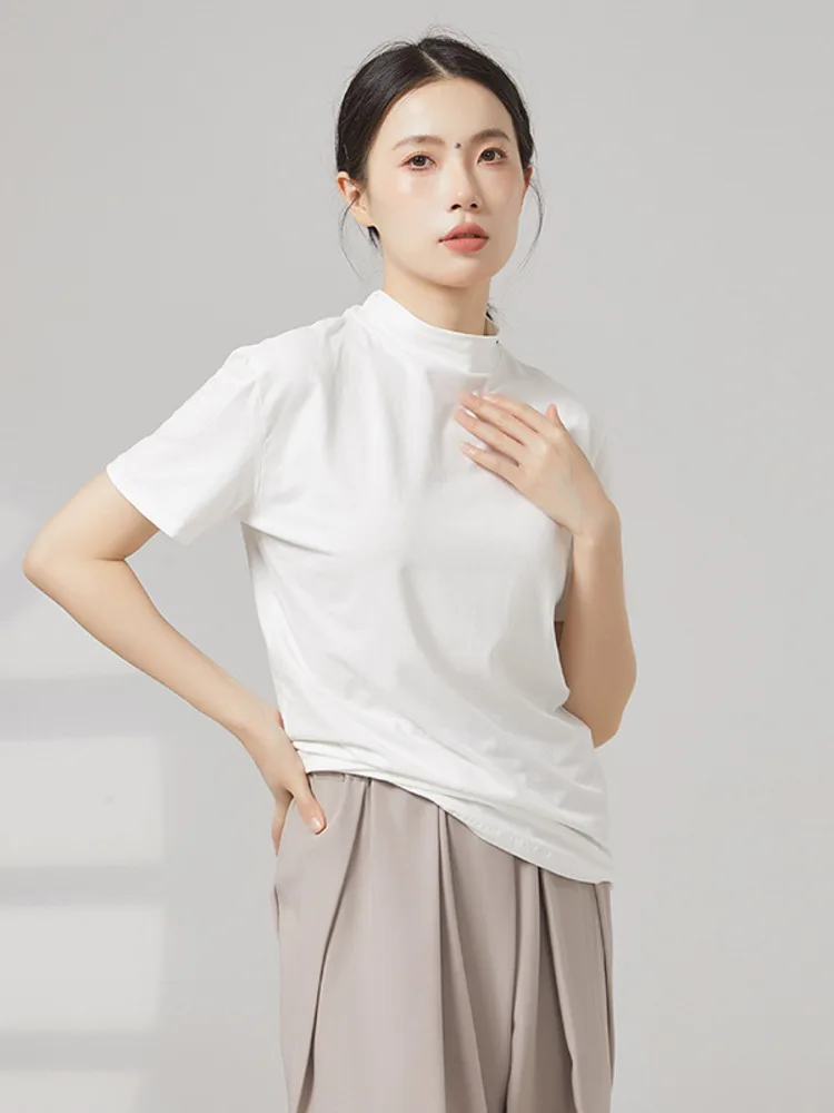 

Сплошной цвет с коротким рукавом, свободный крой, воротник-стойка, танцевальный топ для женщин, современный сценический костюм для практики, репетиционного шоу