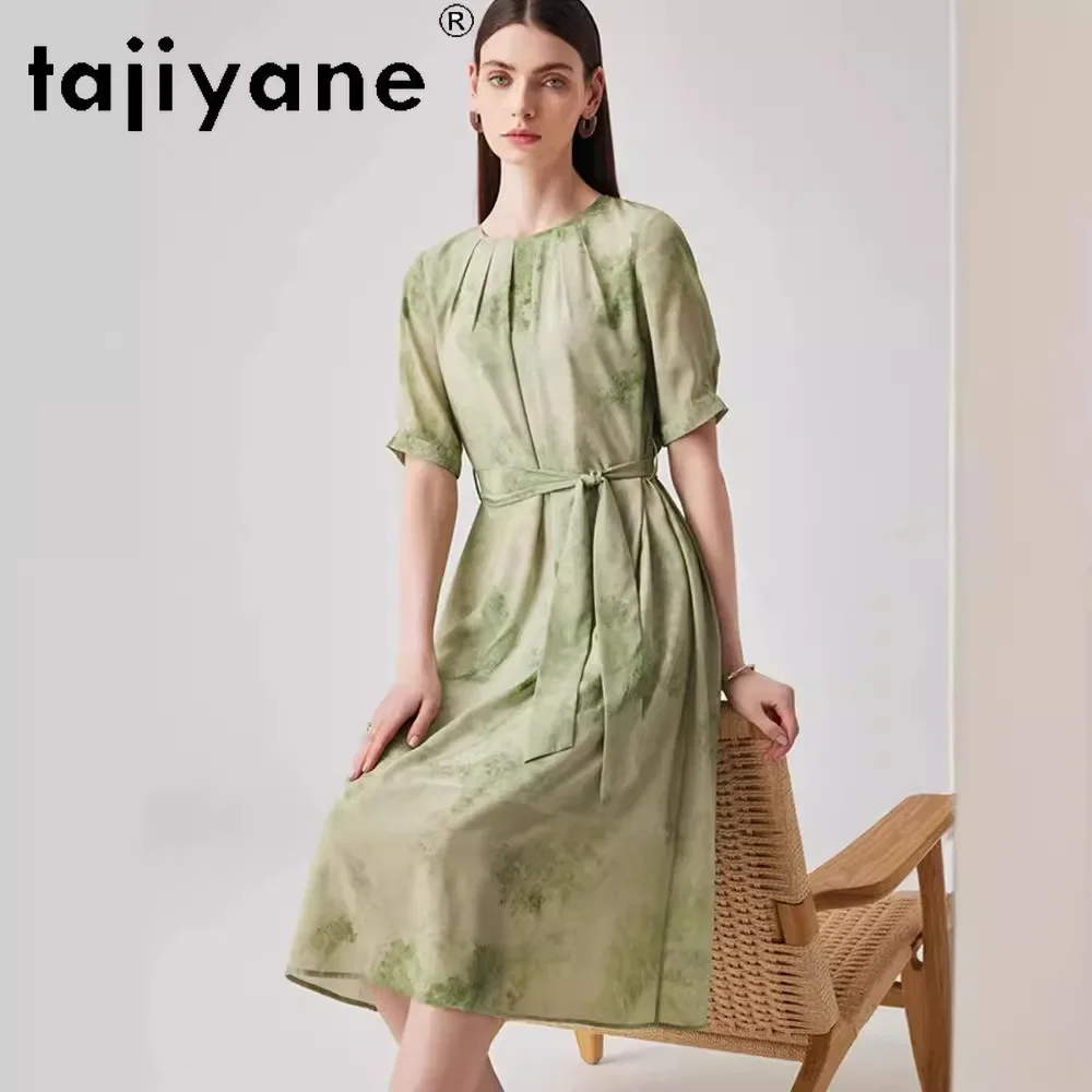 TAJIYANE 91% Mulberry Silk Dresses 2024 Women Elegant Luxury Long Dresses Summer Green Dress Womans Clothing Vestido Verde