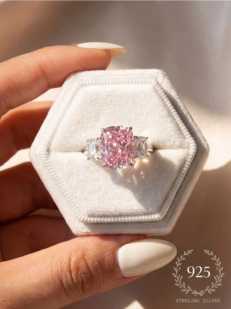 925 Sterling Silver Pink Four Claw Rectangular Three Zircon Ring For Women Engagement Wedding Luxury High Quality Fine Jewelry