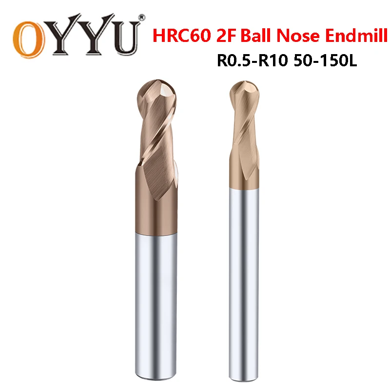 

OYYU HRC60 2 Flute Ball Nose End Mills Tungsten Steel Carbide CNC Solid Router Bit Milling Cutter R0.5-R10 50L-150L Lengthen