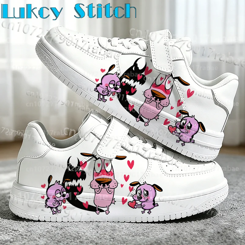 Cowardly Dog White PU Upper Flat Board Shoes for Boys Girls Campus Daily Wear Outdoor Universal Solid Color Sole Selection Shoes