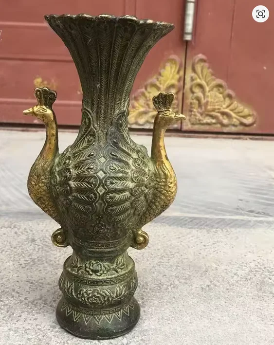China Old Handwork Bronze Carve Peacock Flower Bottle Noble Big Vase Collectible Home Décor
