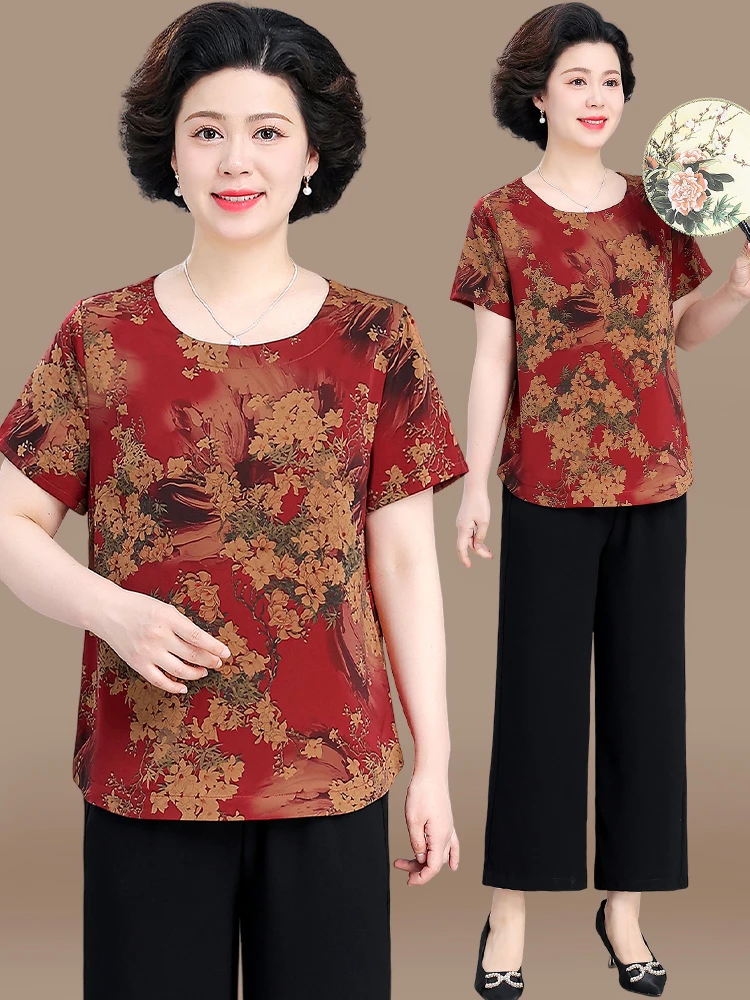 

Ice Silk ort Sve Women's Set Summer Faion Loose Fit round Ne Two-Piece Outfit for Middle-Aged And ly Ladies