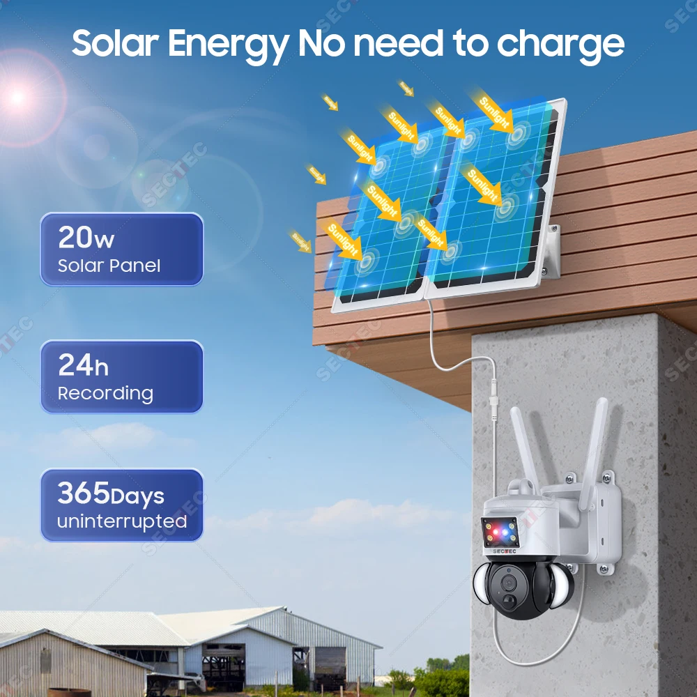 SECTEC 20W Solar Battery Red Blue Alarm Floodlight PTZ Camera Outdoor Wifi Solar Security Camera Home Surveillance 4G Sim Camera