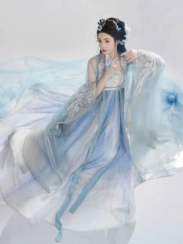 Hanfu 여자 큰 소매 셔츠 자수 요정 정장 어깨 끈 Hezi 스커트 실크에 드레이프